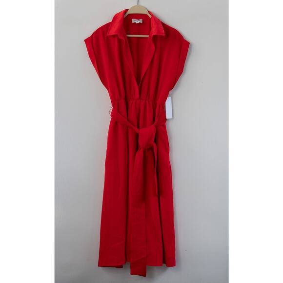 NWT Aura Red Dress Belted with Collar Capped Sleeves Size Small - Picture 1 of 8